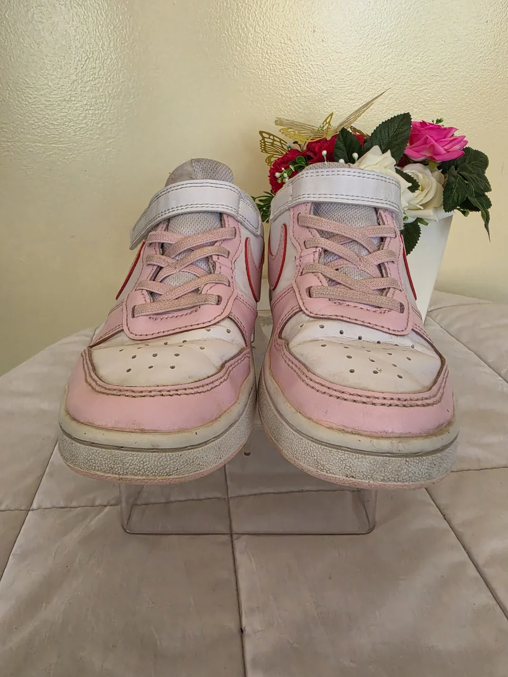 Nike Girls Court Borough Low Size 2Y Pink White Shoes Slip On Velcro Close